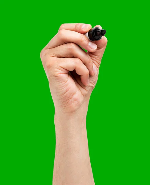 Man Hand Drawing Air Black Marker Green Isolated Background — Stock Photo, Image
