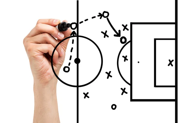Trener Rysunek Piłki Nożnej Lub Piłki Nożnej Gry Playbook Strategia — Zdjęcie stockowe