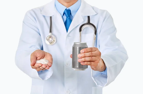 Front View Doctor Hands Holding Soda Drink Can Sugar White — Stock Photo, Image