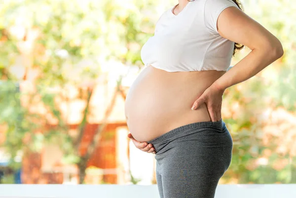 Vientre Una Mujer Embarazada Sobre Fondo Natural Claro — Foto de Stock