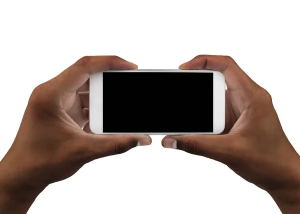 手持带白色背带的现代智能手机 — 图库照片