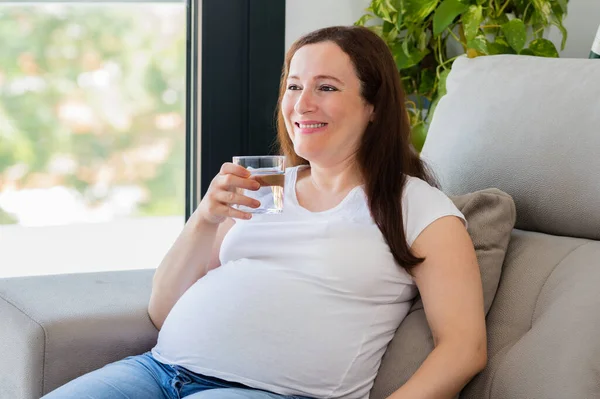 Schwangere Trinkt Wasser Sitzt Hause Auf Einer Couch Und Blickt — Stockfoto
