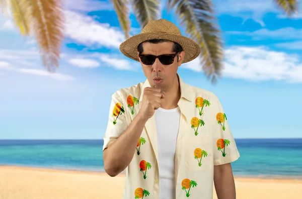 Latin Man Vacation Wearing Floral Shirt Hat Sunglasses Tropical Beach — Stock Photo, Image