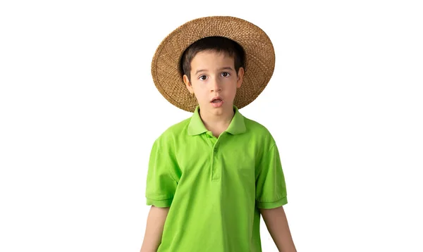 孤立した白い背景の上に緑のTシャツの帽子を身に着けて休暇中の子供は恐れて 驚きの表情でショックを受けました 恐怖と興奮した顔 — ストック写真