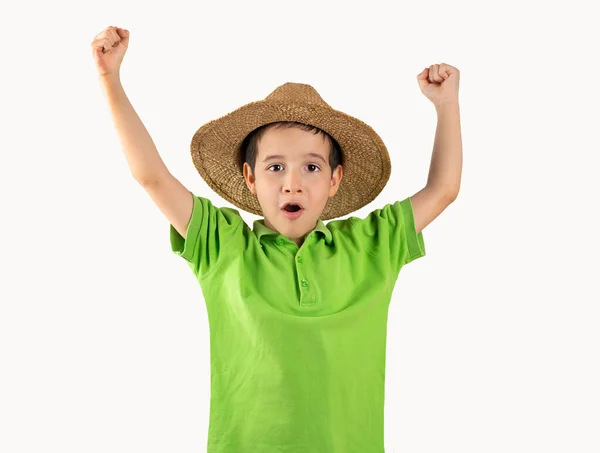 緑のTシャツを着て休暇中の小さな男の子夏の帽子隔離された白い背景の上に非常に幸せと興奮しています腕を上げて勝者のジェスチャーを行います 笑顔と成功のために叫んで — ストック写真