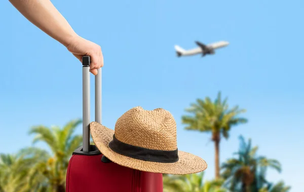 Woman Red Suitcase Standing Passengers Ladder Airplane Sea Palm Trees — Stock Photo, Image