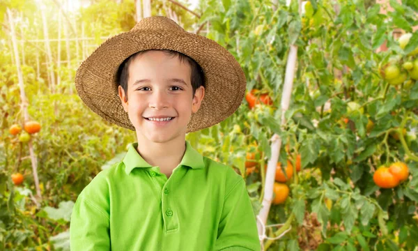 Retrato Menino Fazenda Feliz Posando Pomar Tomate — Fotografia de Stock