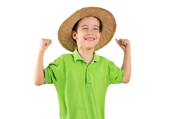 Dítě Dovolené Zeleným Tričkem Letní Klobouk Přes Izolované Bílé Pozadí — Stock fotografie