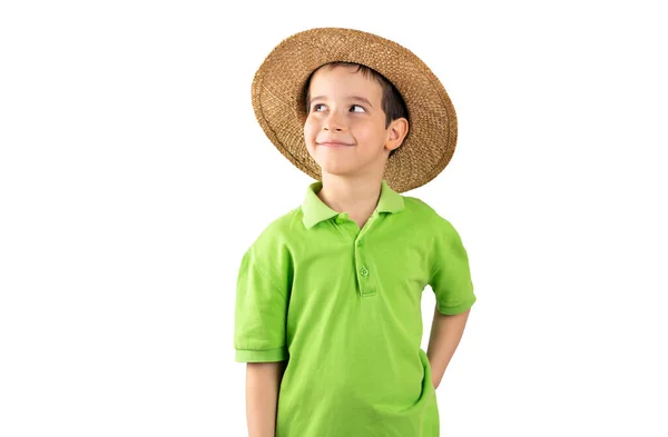 Menino Férias Usando Chapéu Vestindo Camiseta Verde Sobre Fundo Branco — Fotografia de Stock