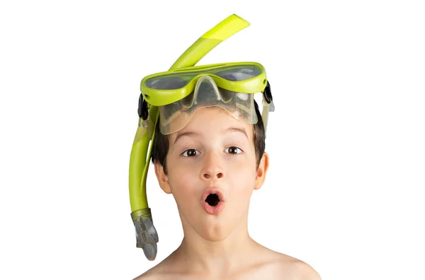 Egy Gyerek Maszk Tubával Búvárpipával Sokkos Arccal Búvárkodás Úszás Nyaralás — Stock Fotó