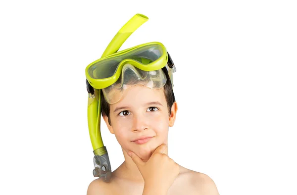Dziecko Masce Tuba Snorkel Ręką Brodzie Myśląc Pytaniu Przemyślane Wyrażenie — Zdjęcie stockowe