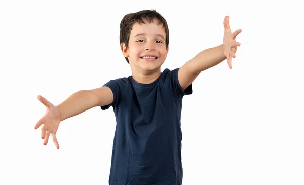 Kind Draagt Zomert Shirt Geïsoleerde Witte Achtergrond Kijkend Naar Camera — Stockfoto
