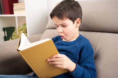 Kitap okuyan bir çocuğun portresi kanepede otururken, evde eğitim görürken ve okul konseptine geri dönerken ve yer kopyalarken şaşırdı.