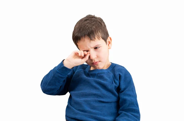 Close Child Scratching Itchy Eye White Background Stock Picture