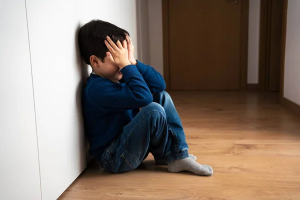 Upset Problem Child Head Hands Sitting Floor Concept Bullying Depression Stock Photo