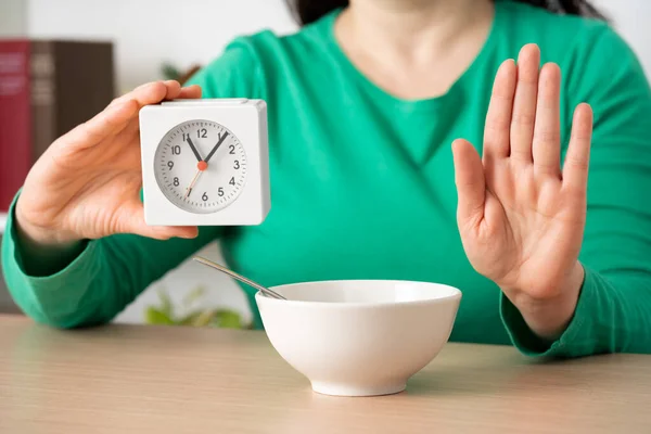Woman Hands Intermittent Fasting Doing Stop Sign Home Stock Photo