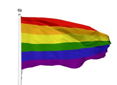 Beyaz arka planda rüzgarda dalgalanan gay bayrağının görüntüsü.