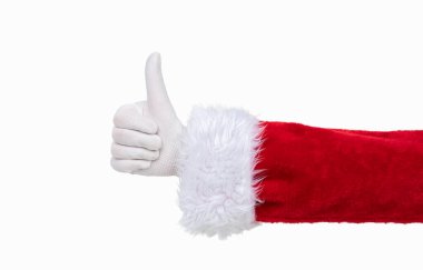 Beyaz arka planda izole edilmiş, el hareketleriyle işaret eden bir Noel Baba resmi.