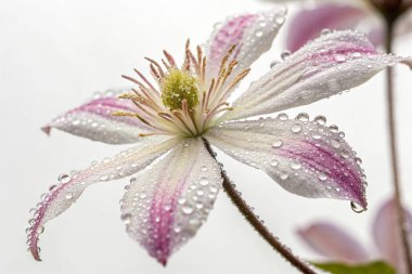 Bir Clematis Vitalba çiçeğinin büyüleyici yakın plan fotoğrafı narin güzelliğini gözler önüne seriyor. Çiçek, parlak su damlacıklarıyla kaplı ince pembe çizgili beyaz yapraklara sahiptir.. 