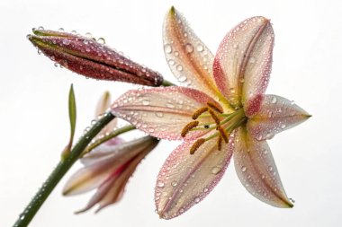 Bir Fuchsia Magellanica çiçeğinin makro çekimi, narin güzelliğini sergiliyor. Çiçek sayısız su damlacıklarıyla süslenir ve ışıl ışıl bir etki yaratır.. 