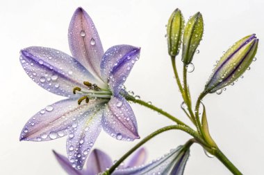 Hipergerçekçi bir makro fotoğrafta parlak su damlacıklarıyla süslenmiş canlı bir turuncu gül tomurcuğu sergileniyor. Damlacıklar tomurcuğun yapraklarına, gövdesine ve etrafındaki yapraklara yapışarak pırıl pırıl mücevherimsi bir etki yaratırlar.. 