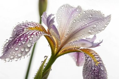 Yakın plan, hipergerçekçi bir fotoğraf, parlayan çiğ damlalarıyla kaplı bir yosun (Asclepias cordifolia) tohumunun karmaşık güzelliğini yakalar.. 
