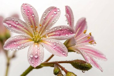 Yakın plan, hipergerçekçi bir fotoğraf, parlayan çiğ damlalarıyla kaplı bir yosun (Asclepias cordifolia) tohumunun karmaşık güzelliğini yakalar.. 