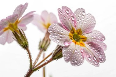 Yıldız lalesinin (Calochortus tolmiei) aşırı gerçekçi bir yakın plan fotoğrafı. Beyaz, sarı ve pembe renkli bir karışım sergileyen narin taç yaprakları parlak su damlacıklarıyla süslenmiştir.. 