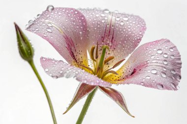 Yıldız lalesinin (Calochortus tolmiei) aşırı gerçekçi bir yakın plan fotoğrafı. Beyaz, sarı ve pembe renkli bir karışım sergileyen narin taç yaprakları parlak su damlacıklarıyla süslenmiştir.. 
