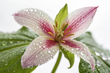 Yerba Santa (Eriodictyon californicum) bitkisinin hipergerçekçi yakın çekimi. Görüntü, her biri parlak su damlacıklarıyla kaplı yeşil yaprakların karmaşık ayrıntılarına odaklanıyor.. 