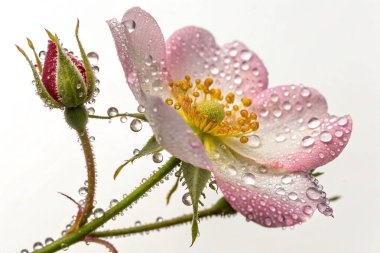 Yerba Santa (Eriodictyon californicum) bitkisinin hipergerçekçi yakın çekimi. Görüntü, her biri parlak su damlacıklarıyla kaplı yeşil yaprakların karmaşık ayrıntılarına odaklanıyor.. 