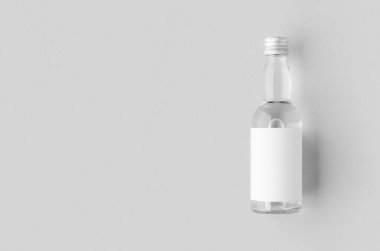 Minyatür ruhlar, likör şişesi maketi. Boş etiketli ve kopyalanmış cam ve sıvıyı temizle.