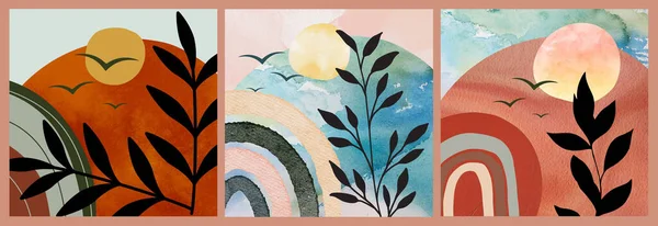 红心风景日出日落宝荷抽象集3幅艺术版画 植物墙艺术 抽象形状 可打印画廊墙壁艺术 — 图库照片