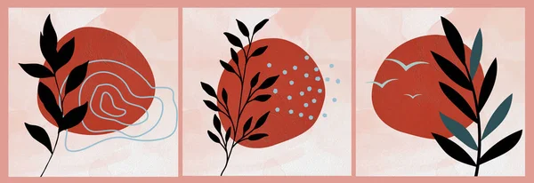 夕阳西下的红色和红色主题博豪元素抽象集3种艺术印刷品 植物墙艺术 抽象形状 可打印画廊墙壁艺术 — 图库照片