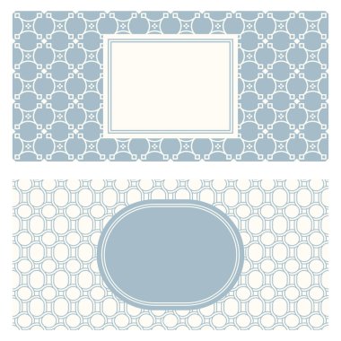 Two banner templates, patterned abstract geometric background and framed label. Two colors Packaging design, vector illustration. Monochrome trellis texture. Simple graphic design.