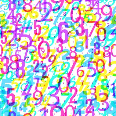 Matematiksel arkaplan - rastgele düzende farklı sayılar. Çocuklar için renkli bir okul modeli. Çocuklar için çok renkli matematik geçmişi. Kusursuz soyut vektör deseni. Parlak neon 80 'lerin renkleri.