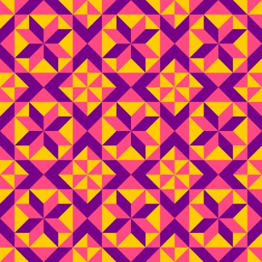 Yorgan örmeden esinlenilmiş soyut geometrik desen. Canlı renkli parlak soyut arkaplan. Basit renkler. Hatırlaması kolay. Kusursuz vektör deseni. Yorgan bloğu şablonu. Zemin seramik fayanslar.