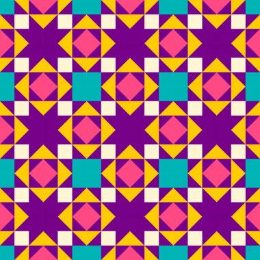 Yorgan örmeden esinlenilmiş soyut geometrik desen. Canlı renkli parlak soyut arkaplan. Basit renkler. Hatırlaması kolay. Kusursuz vektör deseni. Yorgan bloğu şablonu. Zemin seramik fayanslar.