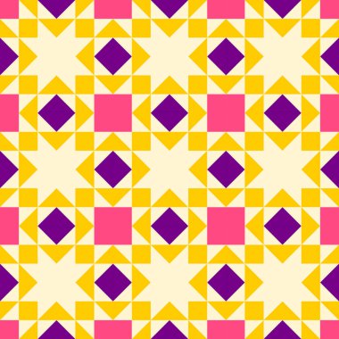 Yorgan örmeden esinlenilmiş soyut geometrik desen. Canlı renkli parlak soyut arkaplan. Basit renkler. Hatırlaması kolay. Kusursuz vektör deseni. Yorgan bloğu şablonu. Zemin seramik fayanslar.