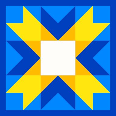 Yorgan yama işinden esinlenilmiş geometrik yıldız deseni. Geleneksel Ukrayna renklerinde sarı ve mavi soyut arkaplan. Kusursuz vektör deseni. Yorgan bloğu şablonu. Zemin seramik fayanslar.