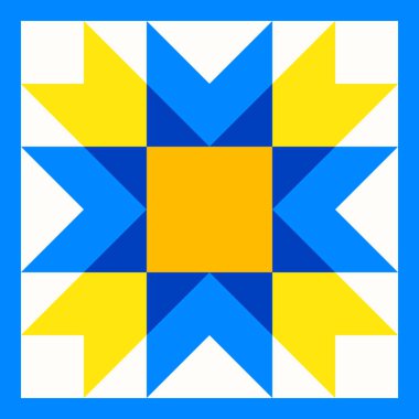 Yorgan yama işinden esinlenilmiş geometrik yıldız deseni. Geleneksel Ukrayna renklerinde sarı ve mavi soyut arkaplan. Kusursuz vektör deseni. Yorgan bloğu şablonu. Zemin seramik fayanslar.