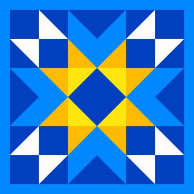 Yorgan yama işinden esinlenilmiş geometrik yıldız deseni. Geleneksel Ukrayna renklerinde sarı ve mavi soyut arkaplan. Kusursuz vektör deseni. Yorgan bloğu şablonu. Zemin seramik fayanslar.