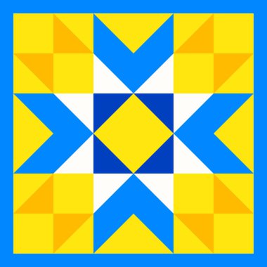Yorgan yama işinden esinlenilmiş geometrik yıldız deseni. Geleneksel Ukrayna renklerinde sarı ve mavi soyut arkaplan. Kusursuz vektör deseni. Yorgan bloğu şablonu. Zemin seramik fayanslar.