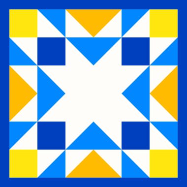 Yorgan yama işinden esinlenilmiş geometrik yıldız deseni. Geleneksel Ukrayna renklerinde sarı ve mavi soyut arkaplan. Kusursuz vektör deseni. Yorgan bloğu şablonu. Zemin seramik fayanslar.