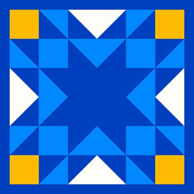 Yorgan yama işinden esinlenilmiş geometrik yıldız deseni. Geleneksel Ukrayna renklerinde sarı ve mavi soyut arkaplan. Kusursuz vektör deseni. Yorgan bloğu şablonu. Zemin seramik fayanslar.