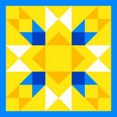 Geometric star pattern inspired by duvet patchwork quilting. Yellow and blue abstract background in Ukrainian traditional colors. Seamless vector pattern. Quilt block template. Floor ceramic tiles. clipart