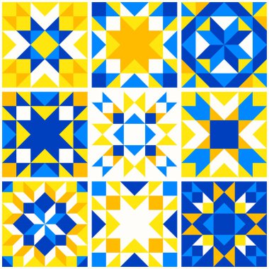 Yorgan yama işinden esinlenilmiş geometrik yıldız deseni. Geleneksel Ukrayna renklerinde sarı ve mavi soyut arkaplan. Kusursuz vektör deseni. Yorgan bloğu şablonu. Zemin seramik fayanslar.