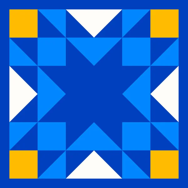 デュベットのパッチワークキルティングからインスピレーションを得た幾何学的な星のパターン ウクライナの伝統的な色で黄色と青の抽象的な背景 シームレスなベクトルパターン キルトブロックテンプレート 床セラミックタイル — ストックベクタ