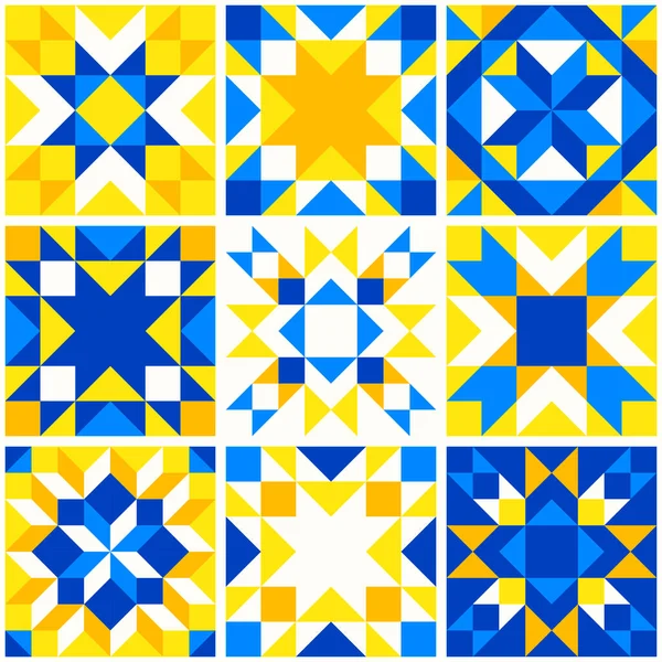 几何星形图案灵感来自羽绒拼接棉被 乌克兰传统色彩中的黄色和蓝色抽象背景 无缝线矢量图样 Quilt块模板 地板瓷砖 — 图库矢量图片