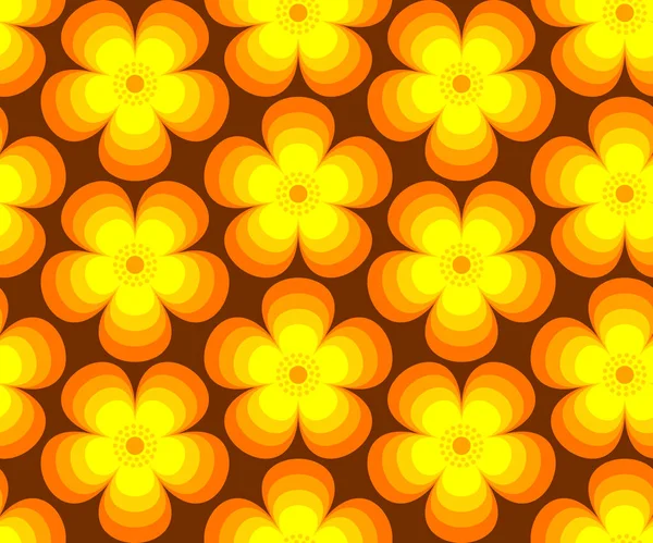 复古花 中世纪现代花 有橙色 褐色三种颜色 家居装饰 织物和纺织品 无缝隙向量模式 1970年代模式 — 图库矢量图片